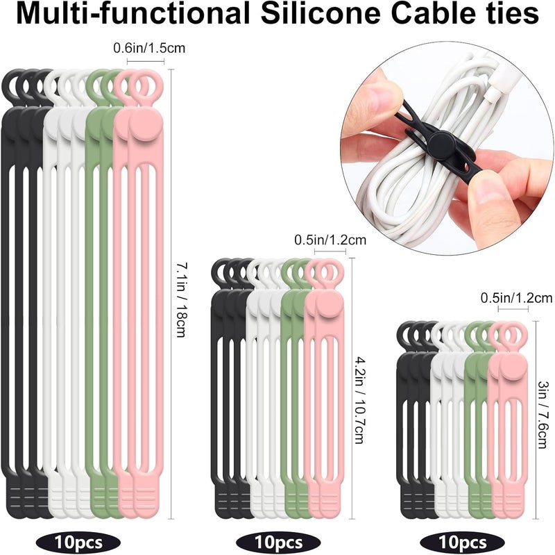 Oneleaf 30Pcs Cord Organizer, Silicone Cable Ties Reusable, Cord Ties for Electronics, Multipurpose Elastic Wire Ties, Travel Essentials for Cable Organizer, Wire Organizers for Fastening Cords - Image 2